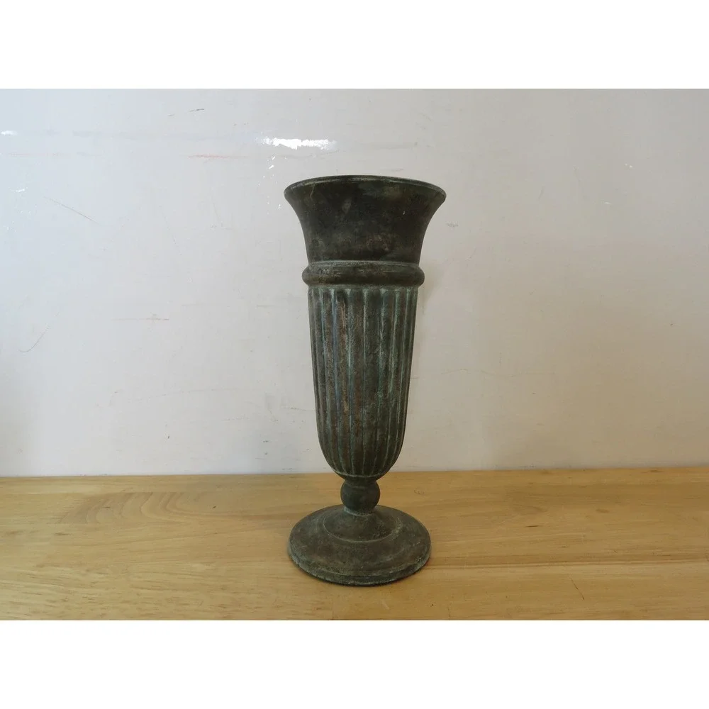 VTG Set of 2 Andrea by Sadek Metal Tulip Pedestal Vases with Verdigris Patina